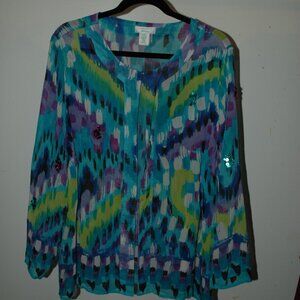 Laura Ashley 100% Silk Sheer Blouse 2X – Watercolor Print Sequin Embellished Top